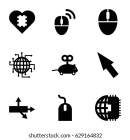 Mouse icons set. set of 9 mouse filled icons such as pointer, CPU in heart, CPU planet