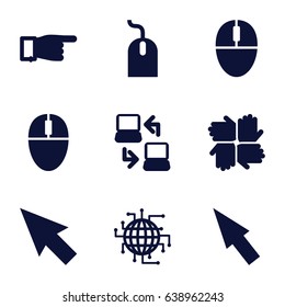Mouse icons set. set of 9 mouse filled icons such as pointing, mouse, laptop connection, pointer, cpu planet