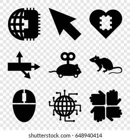 Mouse icons set. set of 9 mouse filled icons such as cpu in heart, cpu planet, arrow, pointer