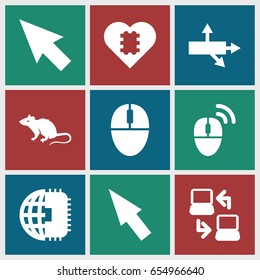 Mouse icons set. set of 9 mouse filled icons such as laptop connection, pointer, cpu in heart, cpu planet
