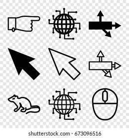 Mouse icons set. set of 9 mouse filled and outline icons such as cpu planet, mouse, pointing, arrow