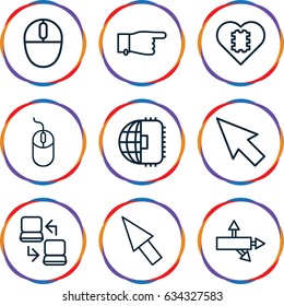 Mouse icons set. set of 9 mouse outline icons such as pointing, mouse, laptop connection, pointer, arrow, cpu in heart