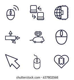 Mouse icons set. set of 9 mouse outline icons such as laptop connection, pointer, arrow, cpu in heart