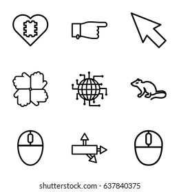 Mouse icons set. set of 9 mouse outline icons such as mouse, pointing, pointer, arrow, cpu in heart, cpu planet