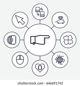 Mouse icons set. set of 9 mouse outline icons such as pointing, laptop connection, pointer, cpu in heart, cpu planet