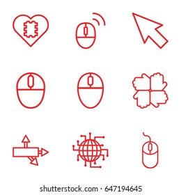 Mouse icons set. set of 9 mouse outline icons such as pointer, arrow, cpu in heart, cpu planet