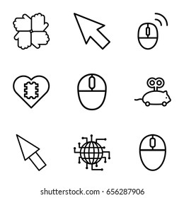 Mouse icons set. set of 9 mouse outline icons such as pointer, cpu in heart, cpu planet