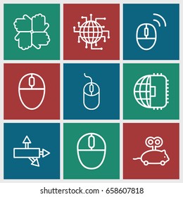 Mouse icons set. set of 9 mouse outline icons such as arrow, cpu planet