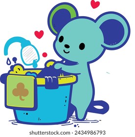 Mouse illustration wih fun washing clothes in happy mood