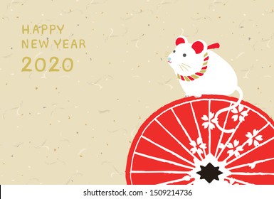 Mouse with Japanese red umbrella for New year card illustration.