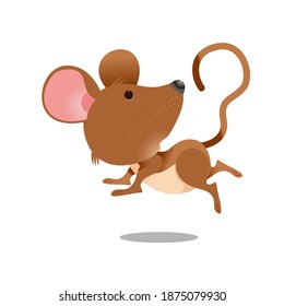 The mouse is jumping with its head looking back, cartoon style on white background isolation, vector illustration design, can be used for t-shirt printing, children's fashion design, comics, dolls etc