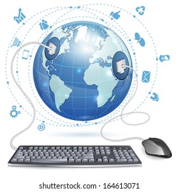 Mouse and Keyboard Connected to Earth with Internet Icons, vector illustration isolated on white background