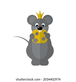 Un rey del ratón sobre la ilustración plana del queso, un icono gracioso de un ratón hambriento comiendo queso, un ratón usando una ilustración de la corona
