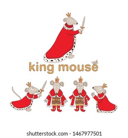 Mouse King set. Vector illustration isolated on white background. Cute cartoon character