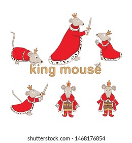 Mouse King set. Vector illustration isolated on white background. Cute cartoon character