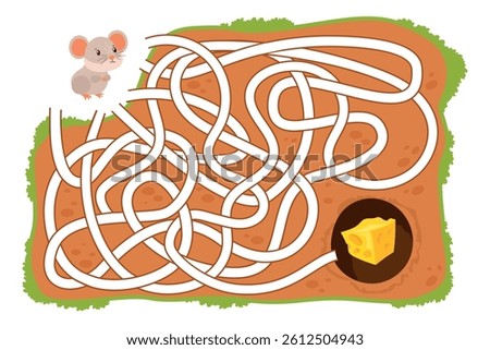 Mouse labyrinth game. Cartoon cute rat find cheese maze puzzle kid school riddle, map way to food children preschool book kindergarten education worksheet vector illustration original artwork