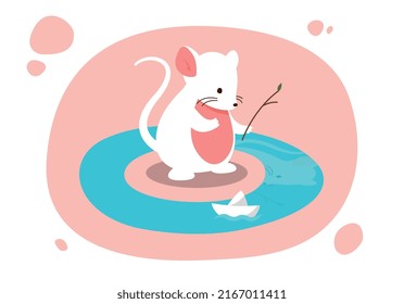 Mouse launches ship. Cute character sends bouncy boat down river or puddle. Childrens games and entertainment, white mammal outdoors, travel, trip and adventure. Cartoon flat vector illustration