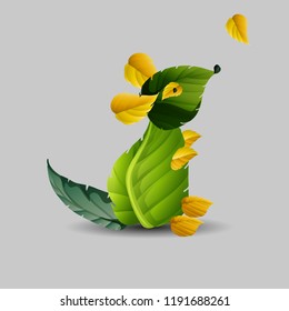 Mouse from a leaf, looks up as autumn leaf falls, on gray background, vector