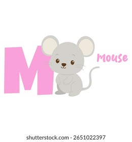 Mouse letter M alphabet cute animal illustration. Cartoon mouse learning english alphabet. Nursery wall art mouse.
