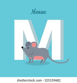 Mouse with letter M isolated on blue. Rodent with pointed snout, small rounded ears, a body-length scaly tail and a high breeding rate. Part of alphabetic series with animals. ABC, alphabet. Vector