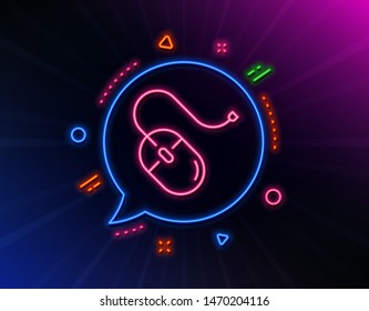 Mouse line icon. Neon laser lights. Computer component device sign. Glow laser speech bubble. Neon lights chat bubble. Banner badge with computer mouse icon. Vector