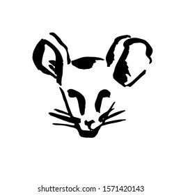 Mouse logo. Mouse's head. Ink brush drawing. Stock vector illustration.