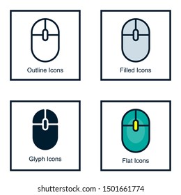 MOUSE LOGO ... WITH OUTLINE DESIGN STYLE, FILLED DESIGN, GLYPH DESIGN, AND FLAT DESIGN