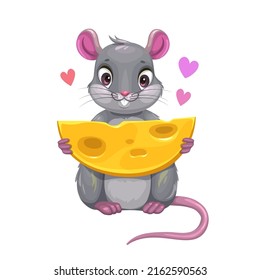 Mouse love cheese. Little cute cartoon grey mouse holding yellow piece of cheese. Funny vector rat icon, isolated on white background.