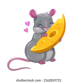 Mouse love cheese. Little cute cartoon grey mouse holding yellow piece of cheese. Funny vector rat icon, isolated on white background.