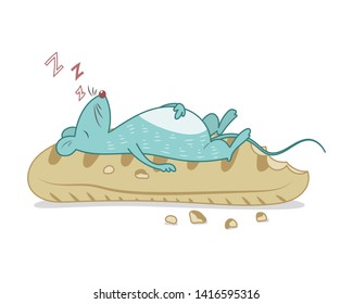 A mouse lying on bread vector illustration. A mouse sleeping on bread pastel cartoon isolated on white background. 