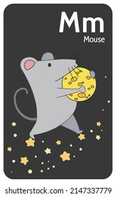 Mouse M letter. A-Z Alphabet collection with cute cartoon animals in 2D. Mouse going aside on Milky Way and carrying cheese in shape of Moon. Hand-drawn funny simple style.