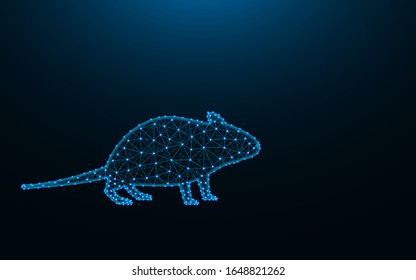 Mouse made from points and lines on dark blue background, rodent wireframe mesh polygonal vector illustration