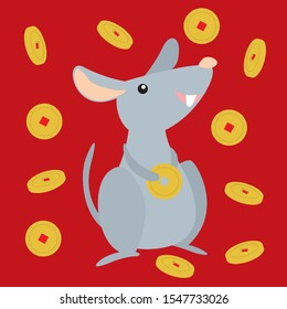 A mouse and many Chinese golden coins 