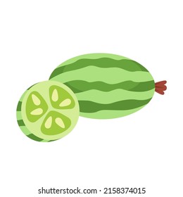 El ratón melón todo el fruto y medio rebanado aislado sobre fondo blanco. Melothria scabra, cucamelón o icono agrio mexicano para el diseño de paquetes. Ilustración vectorial de frutos exóticos en estilo plano.