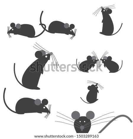 mouse, mice collection in different poses, dark gray black color, vector