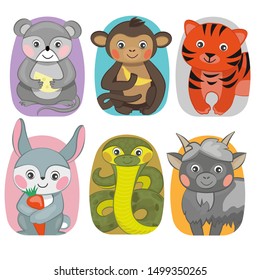 Mouse, monkey, tiger, bunny, snake, goat. Symbols of the year. Cute animal characters vector illustrations for backpacks, luggages