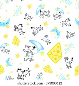 mouse, moon, stars, pattern on white background