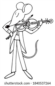 A mouse musician is playing a violin. Black and white vector for coloring, for card or gift. 