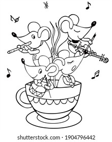 Mouse musicians are playing and singing in a big cup. Black and white vector for coloring.