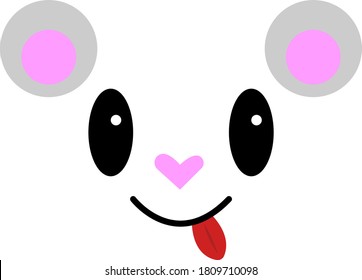 mouse muzzle with heart-shaped nose. It has a smile and red protruding tongue. Object on white background.  Animal concept