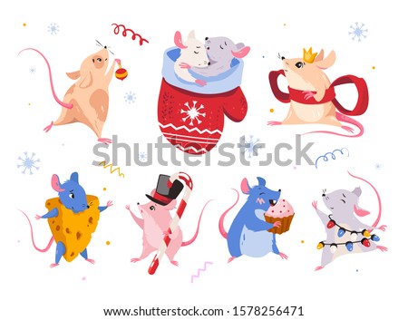 Mouse New Year simbol. Vector set of isolated mouse characters. Sticker rat emoticon design. Hand drawn style. Mice sleep together, with Christmas toys, mouse dances, eats, rat in a cheese suit.