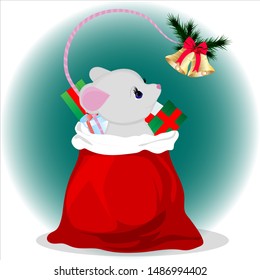 Mouse in a New Year's bag. The tail is holding bells. Vector art