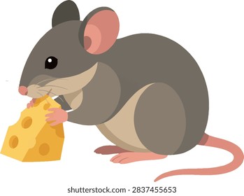 mouse nibbling cheese side profile facing left full body decorative vector illustration