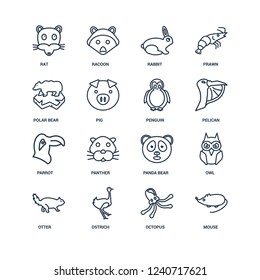 Mouse, Octopus, Ostrich, Otter, Owl, Rat, Polar bear, Parrot, Penguin outline vector icons from 16 set