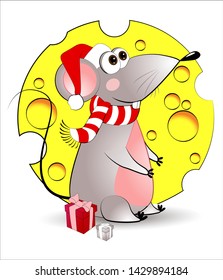 Mouse on the background of cheese. New Year reeting card, t-shirt composition, vector illustration. Merry christmas