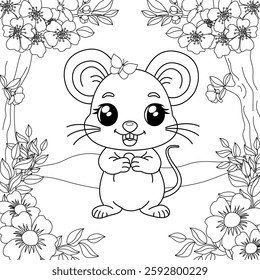 Mouse on the background of flowers and sakura blossoms. Coloring for children's development. Vector illustration.