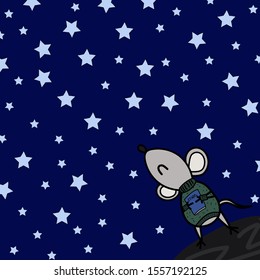 mouse on a background of stars with a book in its paws