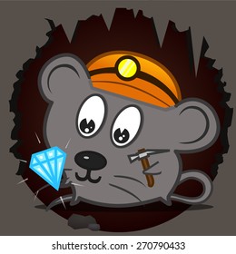 Mouse on cave. Cut cartoon character of mouse. Vector animal