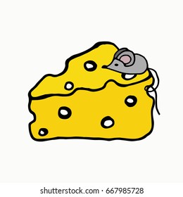 mouse on cheese. Hand drawn.