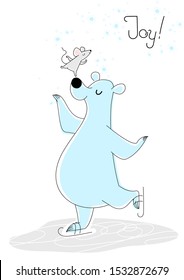 Mouse on the nose of a bear on skates, holiday card for your design, vector illustration